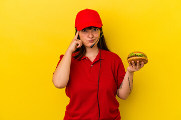 Young curvy caucasian woman holding burger isolated on yellow background pointing temple with finger, thinking, focused on a task.