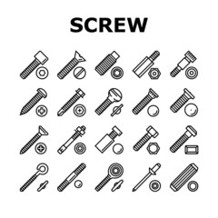 Fototapeta na wymiar Screw And Bolt Building Accessory Icons Set Vector. Socket Head And Shoulder Screw, Press-fit And Hex Standoffs, Eyebolt With Peg And Rivet Engineer Equipment Black Contour Illustrations
