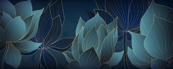 Luxurious gold and blue lotus wallpaper for web banners, social media and packaging. - obrazy, fototapety, plakaty