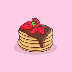 Illustration of pancakes with dripping chocolate and strawberries