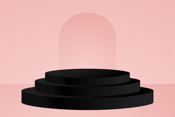Empty podium. Vector illustration with copy space. Black oval award stage on pink background
