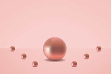 Vector illustration with gold balls. 3D render. One big and six small shining balls on pink backdrop
