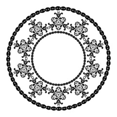 Decorative round frame For the design of frames, menus, wedding invitations or labels, for laser cutting, creating patterns in wood, marquetry. Digital graphics. Black and white.