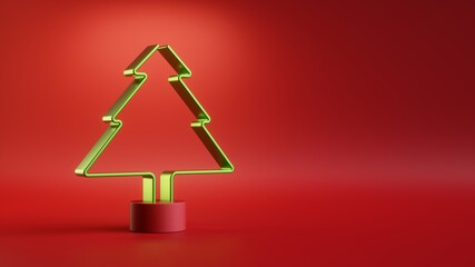 3d render, Christmas festive modern minimal wallpaper. Green simple geometric fir tree isolated on red background.