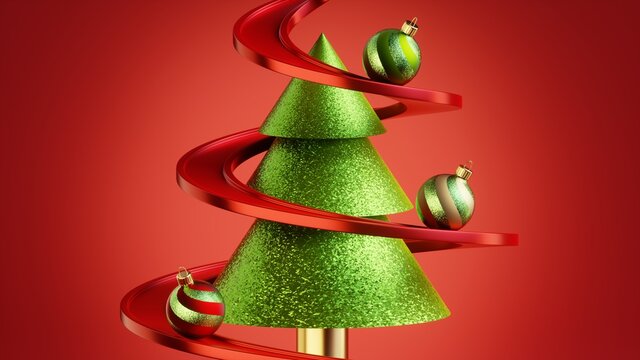 3d render. Christmas glass balls ornaments rolling down the serpentine road, isolated on red background. Fir tree metaphor. Festive wallpaper