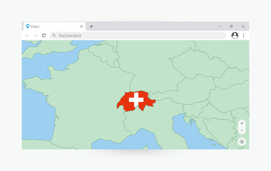 Browser window with map of Switzerland, searching  Switzerland in internet.