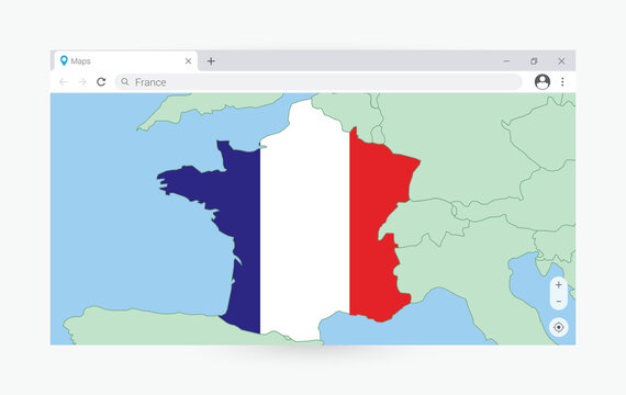 Browser window with map of France, searching  France in internet.