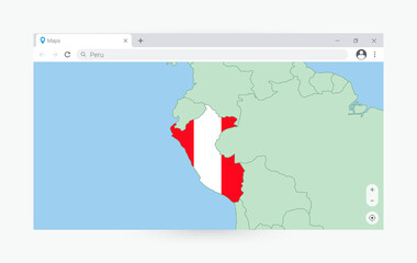 Browser window with map of Peru, searching  Peru in internet.