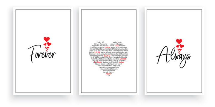 Forever and always, vector. Scandinavian minimalist poster design in three pieces. Romantic love quotes. Love in different languages 