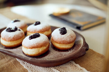 Sufganiyah, jam filled donuts on Hanukkah.
