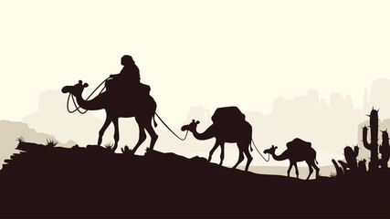 caravan of camels silhouettes style on bright