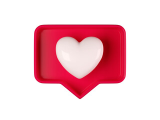 3d like heart icon in red speech bubble box isolated on white background. Notification element in social media, symbol of love, adding in favorite. Concept of communication in social network