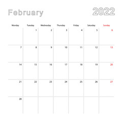Simple wall calendar for February 2022 with dotted lines. The calendar is in English, week start from Monday.