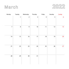 Simple wall calendar for March 2022 with dotted lines. The calendar is in English, week start from Monday.