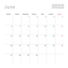 Simple wall calendar for June 2022 with dotted lines. The calendar is in English, week start from Monday.