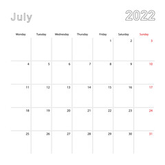 Simple wall calendar for July 2022 with dotted lines. The calendar is in English, week start from Monday.