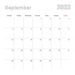 Simple wall calendar for September 2022 with dotted lines. The calendar is in English, week start from Monday.