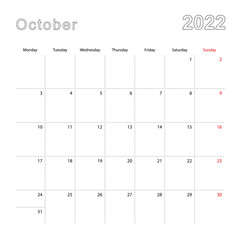 Simple wall calendar for October 2022 with dotted lines. The calendar is in English, week start from Monday.