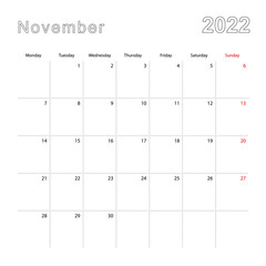 Simple wall calendar for November 2022 with dotted lines. The calendar is in English, week start from Monday.