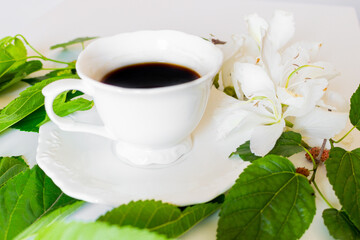 Black coffee cup, white flowers and blackberry tree leaves on white background. Flat lay, Top view. Spring concept.