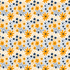 Ditsy floral vector seamless pattern. Small blue orange meadow flowers on white background. Tiny wildflower motif. Millefleur style texture for Fashion, nursery print, textile, wrapping, gift paper