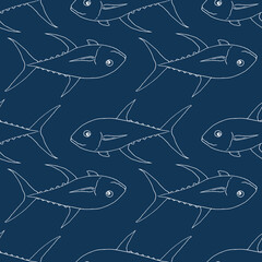 Vector pattern of sea tuna. Seamless pattern of a sketch drawn in the style of a whole sea tuna, side view, white isolated outline on a closely blue background for a label packaging design template, m