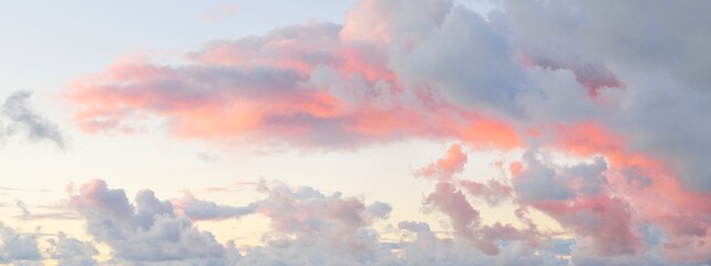 Clear blue sky, red, pink, golden cirrus and cumulus clouds after storm. Dramatic sunset cloudscape. Concept art, meteorology, heaven, hope, peace, graphic resources, picturesque panoramic scenery