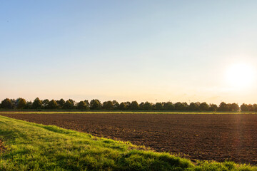 Fototapeta na wymiar sunset with sunbeam, sun-rays over plowed cultivated field farming. Blue hour