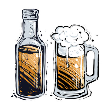 Beer bottle and mug, hand drawn color vector illustration