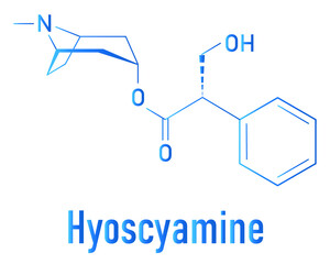 Hyoscyamine alkaloid molecule. Herbal sources include henbane, mandrake, jimsonweed, deadly nightshade and tomato. Skeletal formula.
