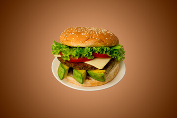 Delicious hamburger on a white plate.