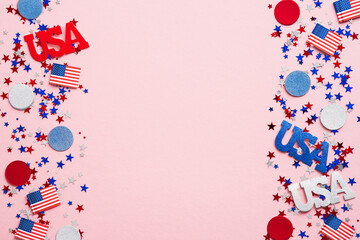 Obraz premium Happy Veterans Day banner mockup with American flags, confetti and decorations. USA Independence Day, American Labor day, Memorial Day, US election concept.
