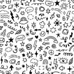 Obraz premium Vector seamless pattern with different doodles, bubbles, stars, clouds, rainbows. Hand drawn design for wallpaper, wrapping, stationery, textile.