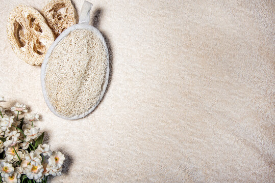 Esponja de lufa y dos discos cortados de lufa sobre un fondo beige con flores. Cambios para un ba&ntilde;o cero residuos sin pl&aacute;stico.