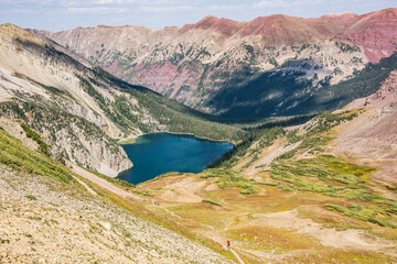 View of Snowmass Lake from Trailrider Pass on the Maroon Bells Loop, Aspen, Colorado, USA