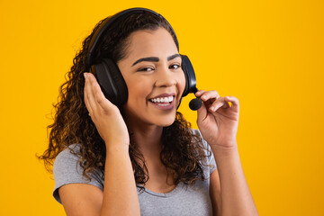 Contact the call center service. Customer support, female sales agent. Caller or operator of...