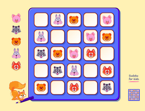 Sudoku for kids. Page for brain teaser book. Logic puzzle game for children  and adults. Place the animals in empty spaces so that each line has one of  a kind. Play online.