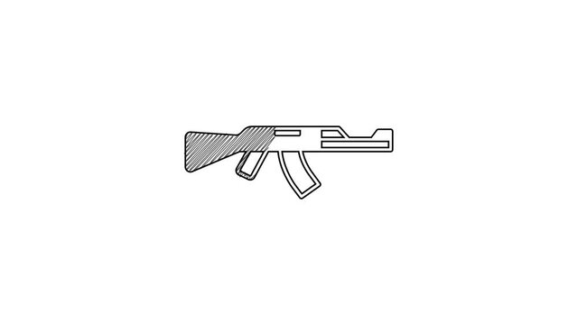 Black line Submachine gun icon isolated on white background. Kalashnikov or AK47. 4K Video motion graphic animation