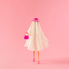 Girl in ghost costume with pink hat, purse and high heels. Minimal fashion pink halloween party...