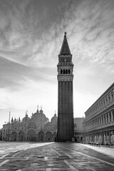 view to St. Mark's square with campanile and basilica in early morning, Venice