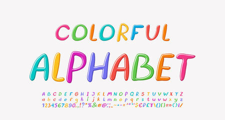 Bright colorful italic font. Funny hand drawn vector alphabet letters and numbers