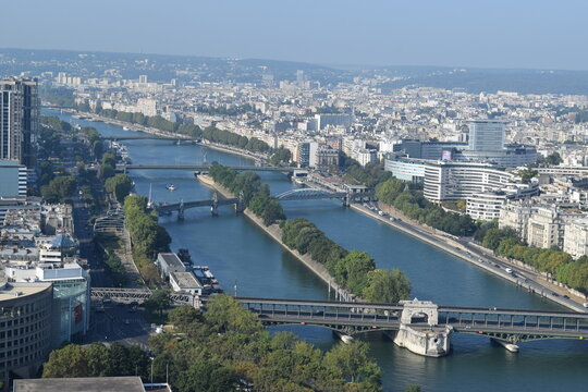 View of the Seine river from the Eiffel Tower in Paris, France. The picture was taken in 2015.