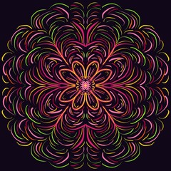 Colorful abstract flower ornament pattern in the dark background 
