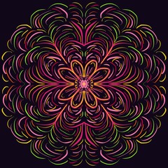 Colorful abstract flower ornament pattern in the dark background 