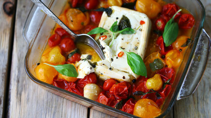 Feta baked with tomatoes and spices. Feta tomato paste recipe. - obrazy, fototapety, plakaty