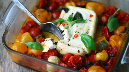 Feta baked with tomatoes and spices. Feta tomato paste recipe.