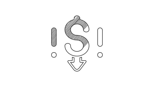 Black line Dollar rate decrease icon isolated on white background. Cost reduction. Money symbol with down arrow. Business lost crisis decrease. 4K Video motion graphic animation