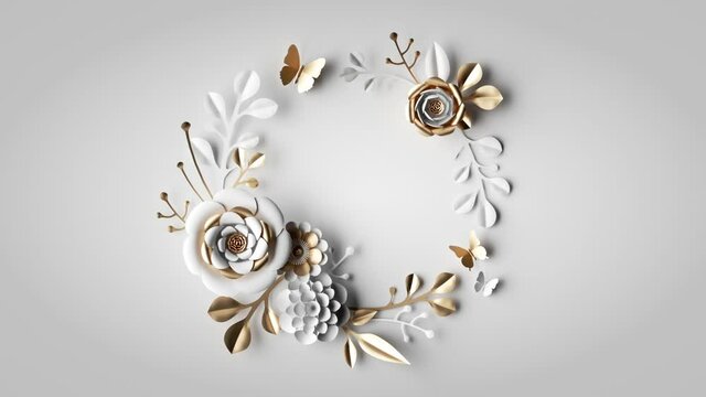 3d render, round wreath of white and gold paper flowers and leaves appear on white background, floral greeting card template, paper craft botanical wallpaper