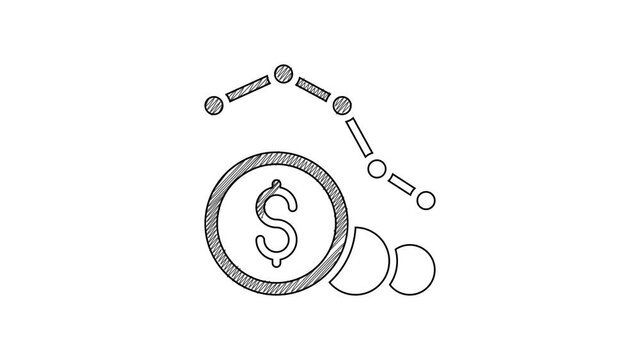 Black line Dollar rate decrease icon isolated on white background. Cost reduction. Money symbol with down arrow. Business lost crisis decrease. 4K Video motion graphic animation