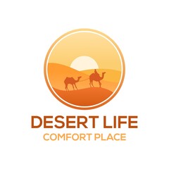 Desert landscape with camel logo design. Desert flat vector design.